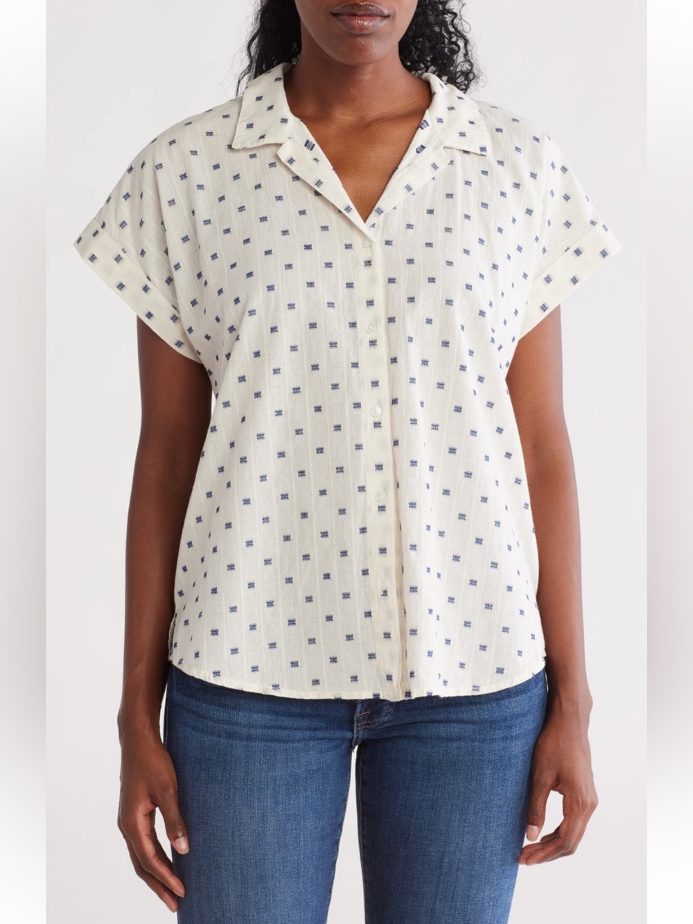 Lucky Brains Ivory and Navy Cotton Short Sleeve Button Up Shirt Size M